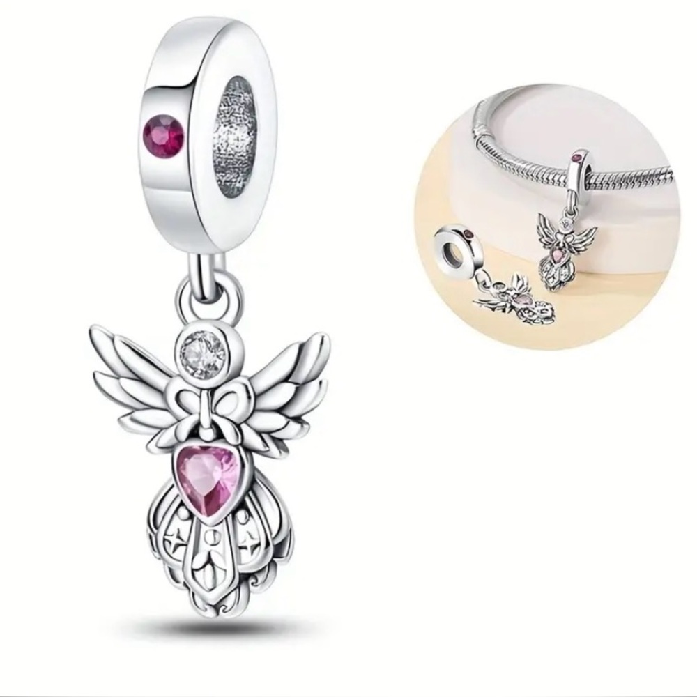 Sterling Silver Angel Charm Pendant with a Pink Gemstone Heart - Picture 6 of 11